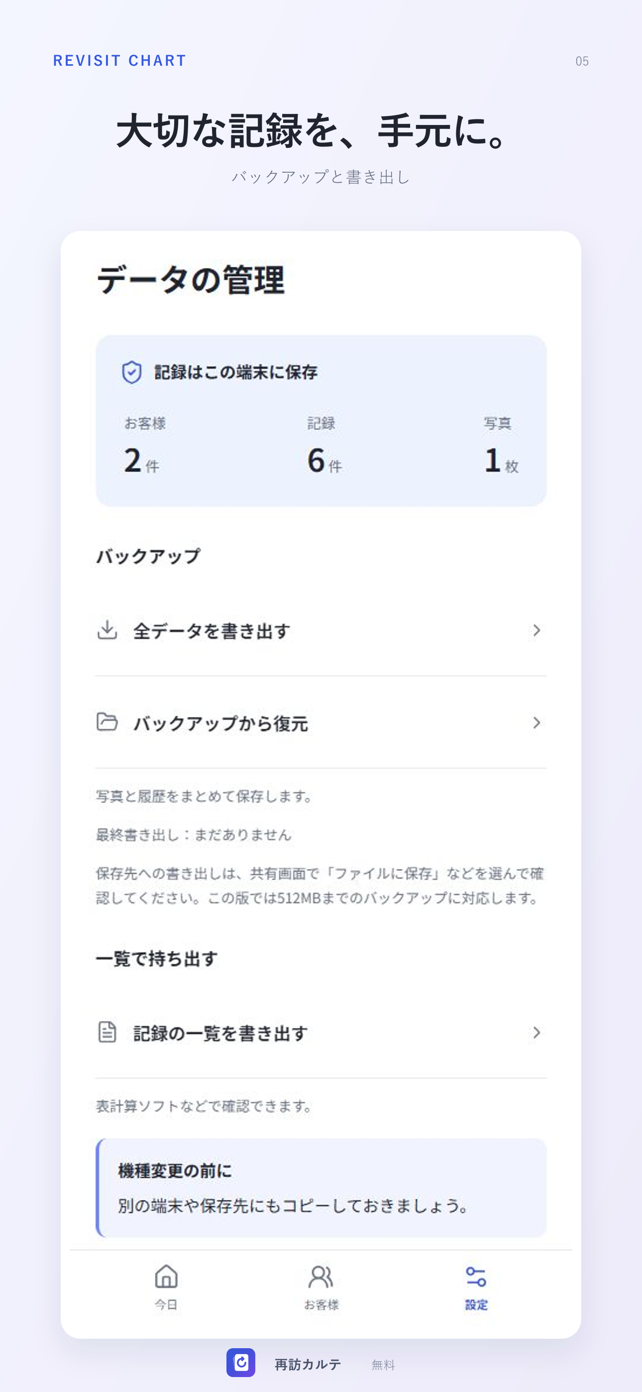 大切な記録を、手元に。 バックアップと書き出し